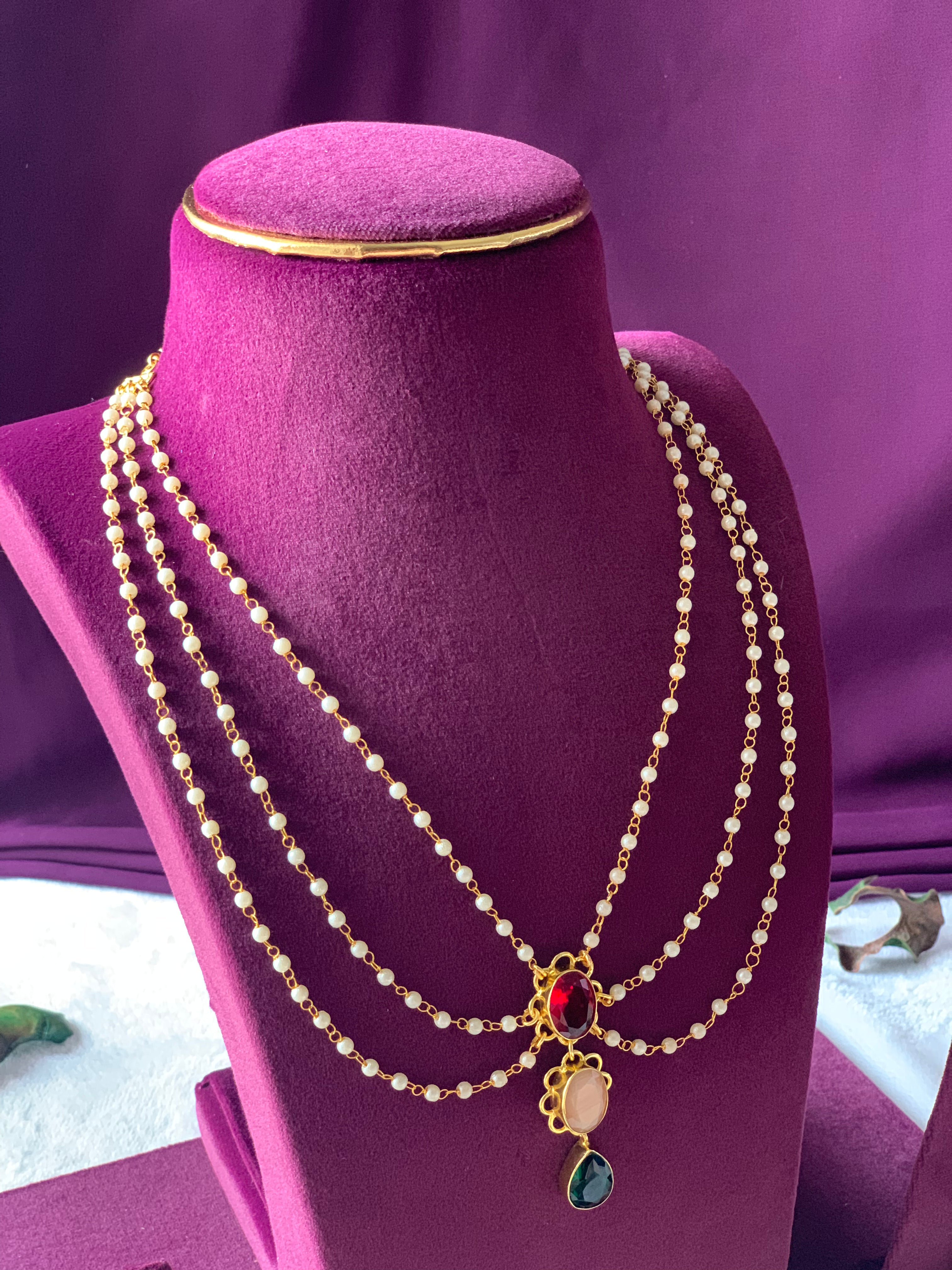 HASINI - THREE LAYER PEARL AND SHINY STONE CHOKER