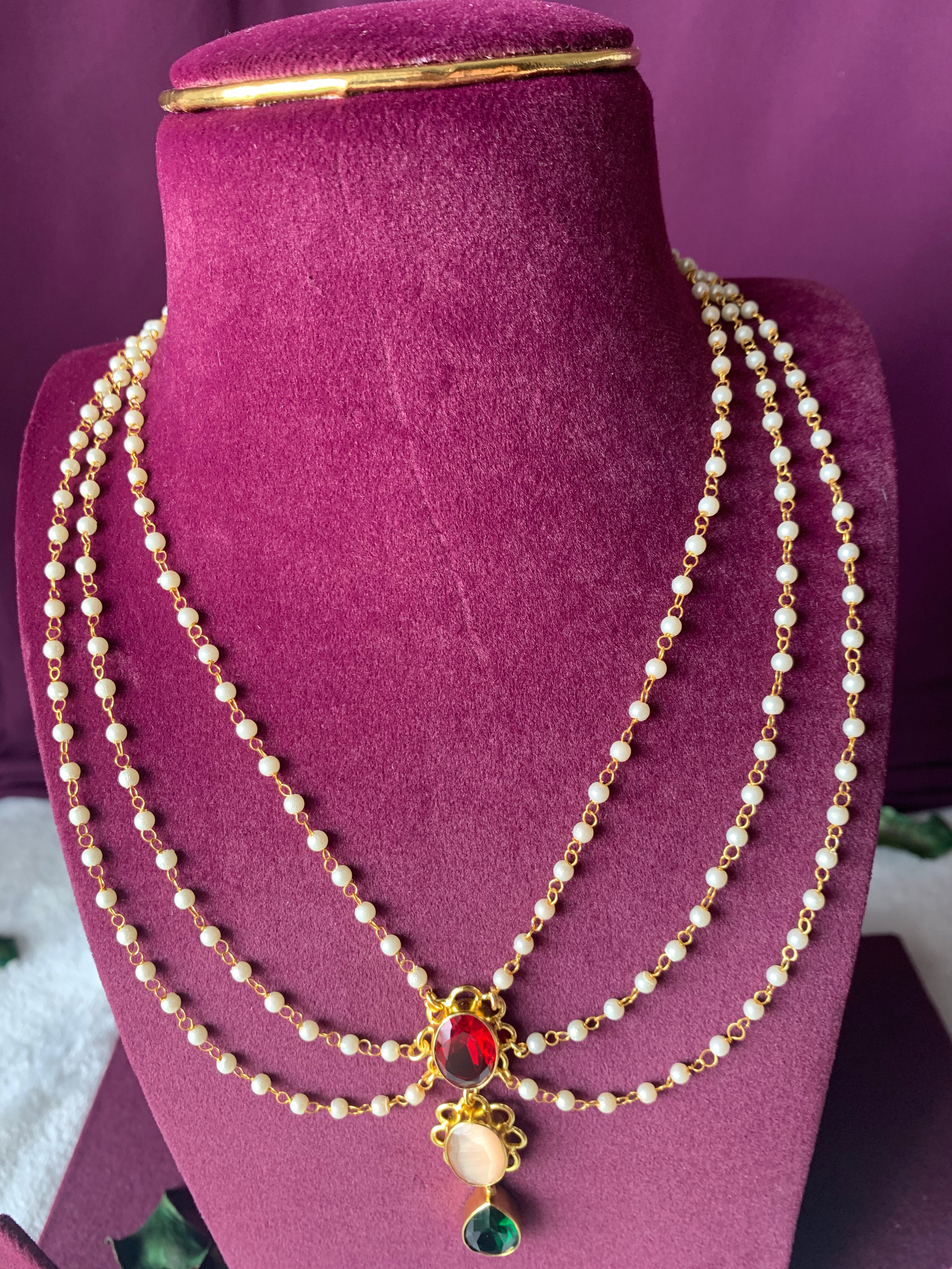 HASINI - THREE LAYER PEARL AND SHINY STONE CHOKER