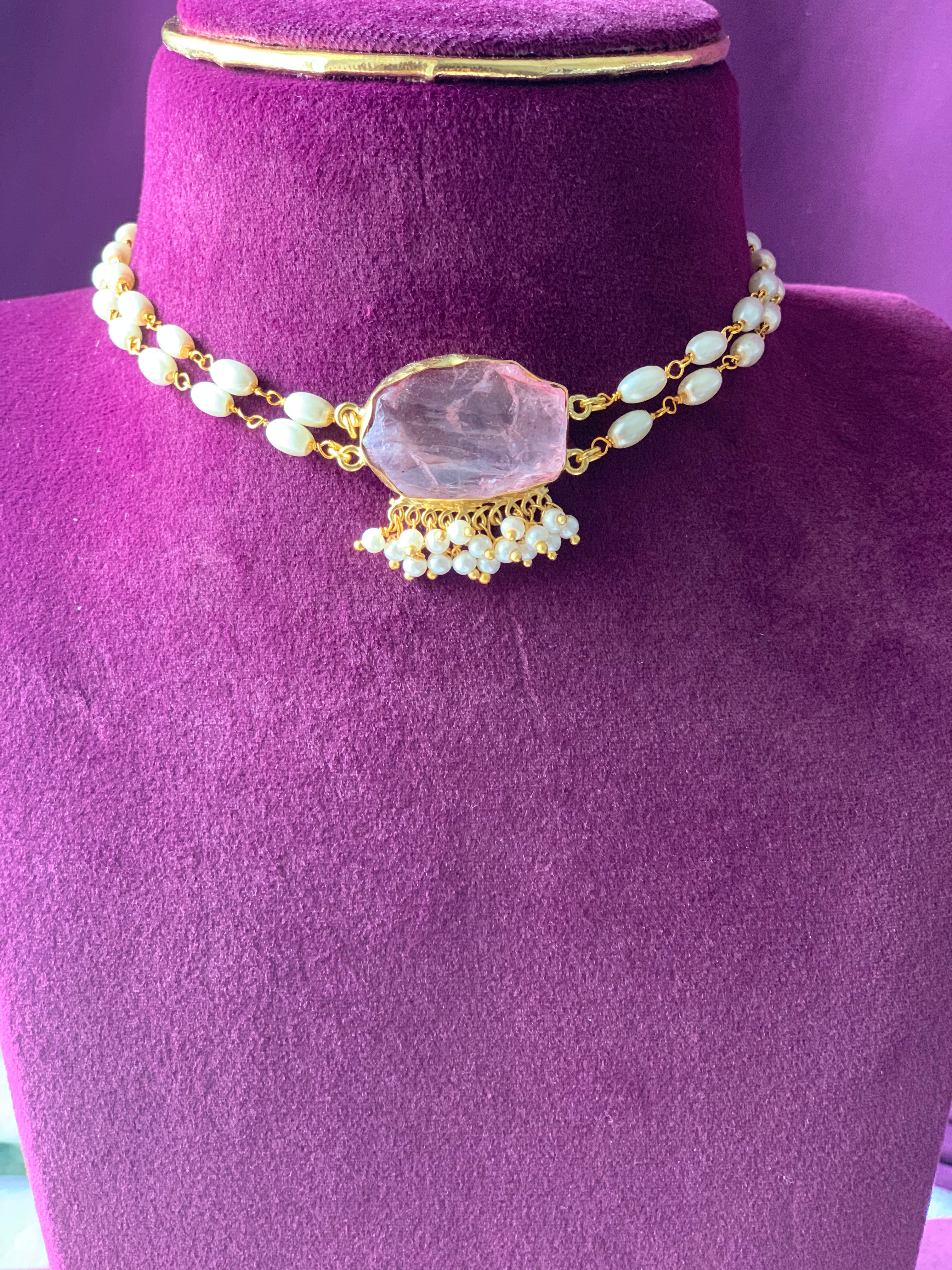 SRIVIDYA - TWO LAYER RICE PEARL DYED STONE CHOKER