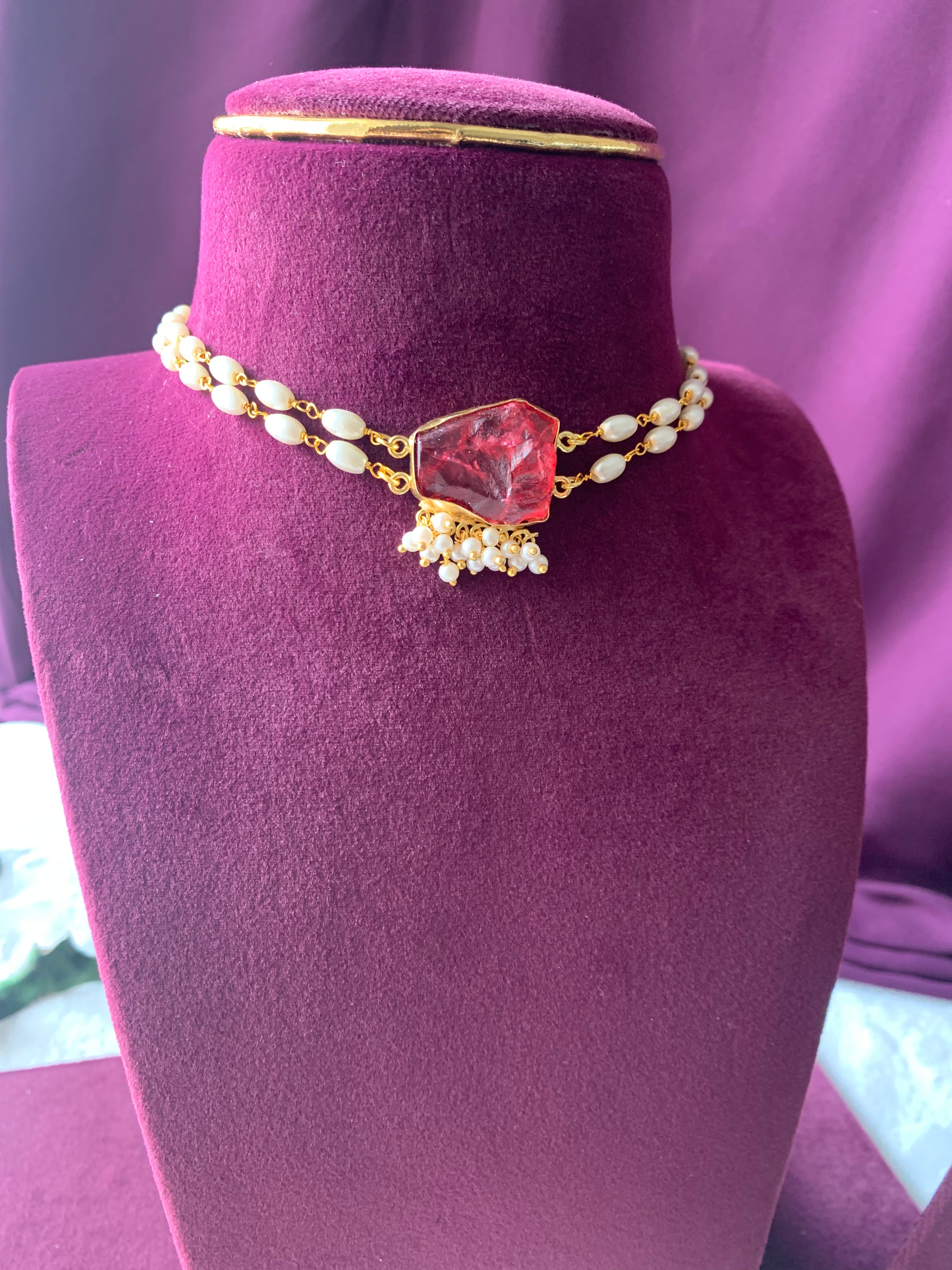 SRIVIDYA - TWO LAYER RICE PEARL DYED STONE CHOKER