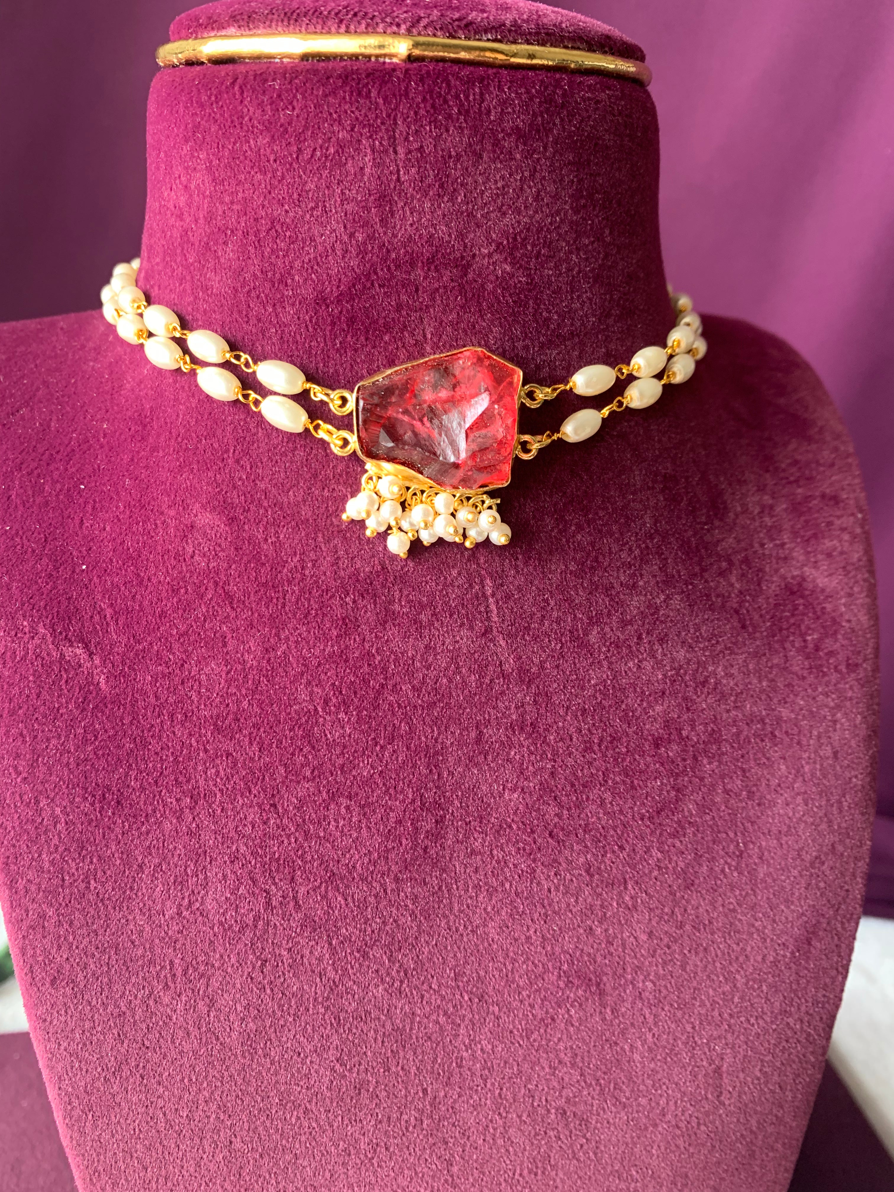 SRIVIDYA - TWO LAYER RICE PEARL DYED STONE CHOKER