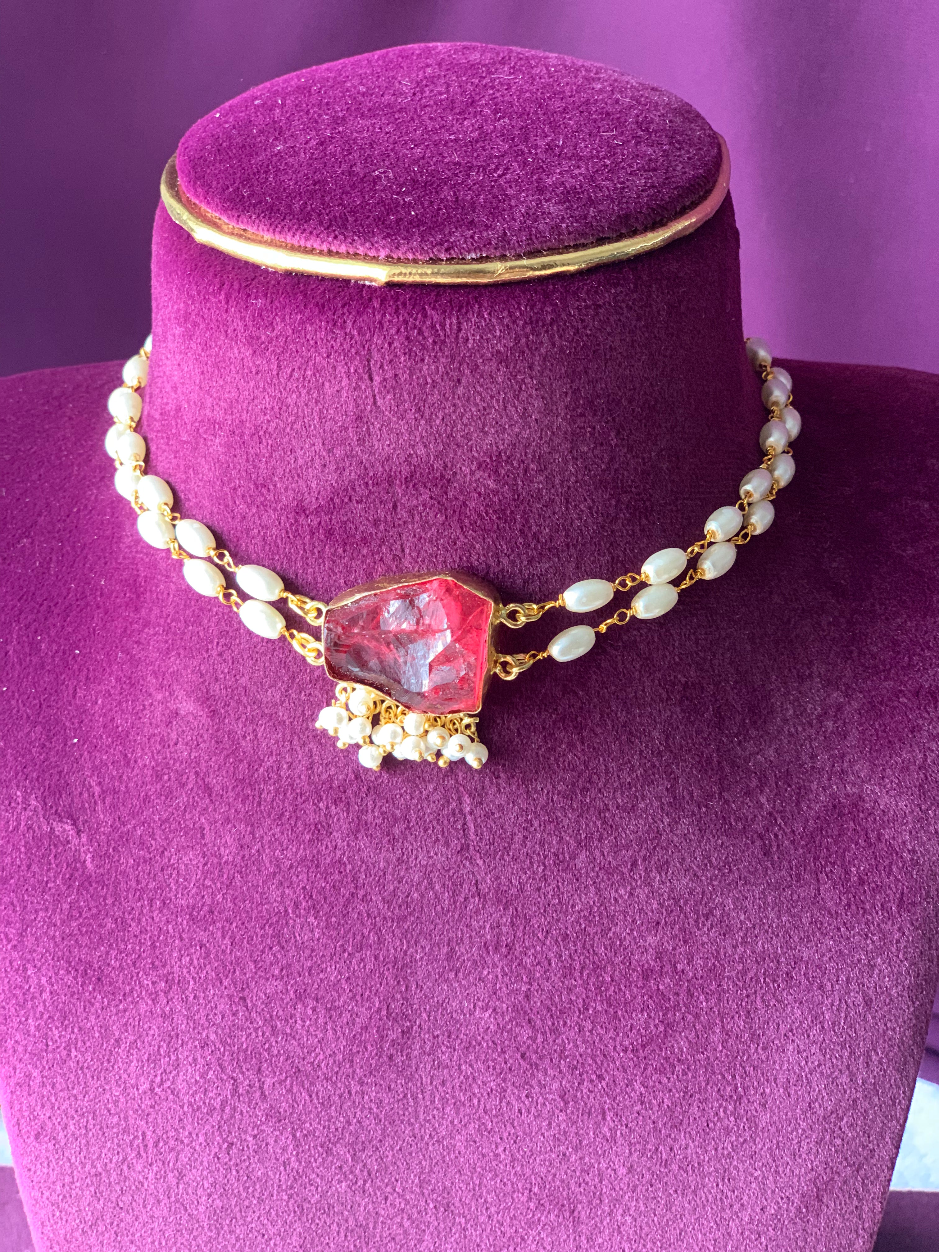 SRIVIDYA - TWO LAYER RICE PEARL DYED STONE CHOKER