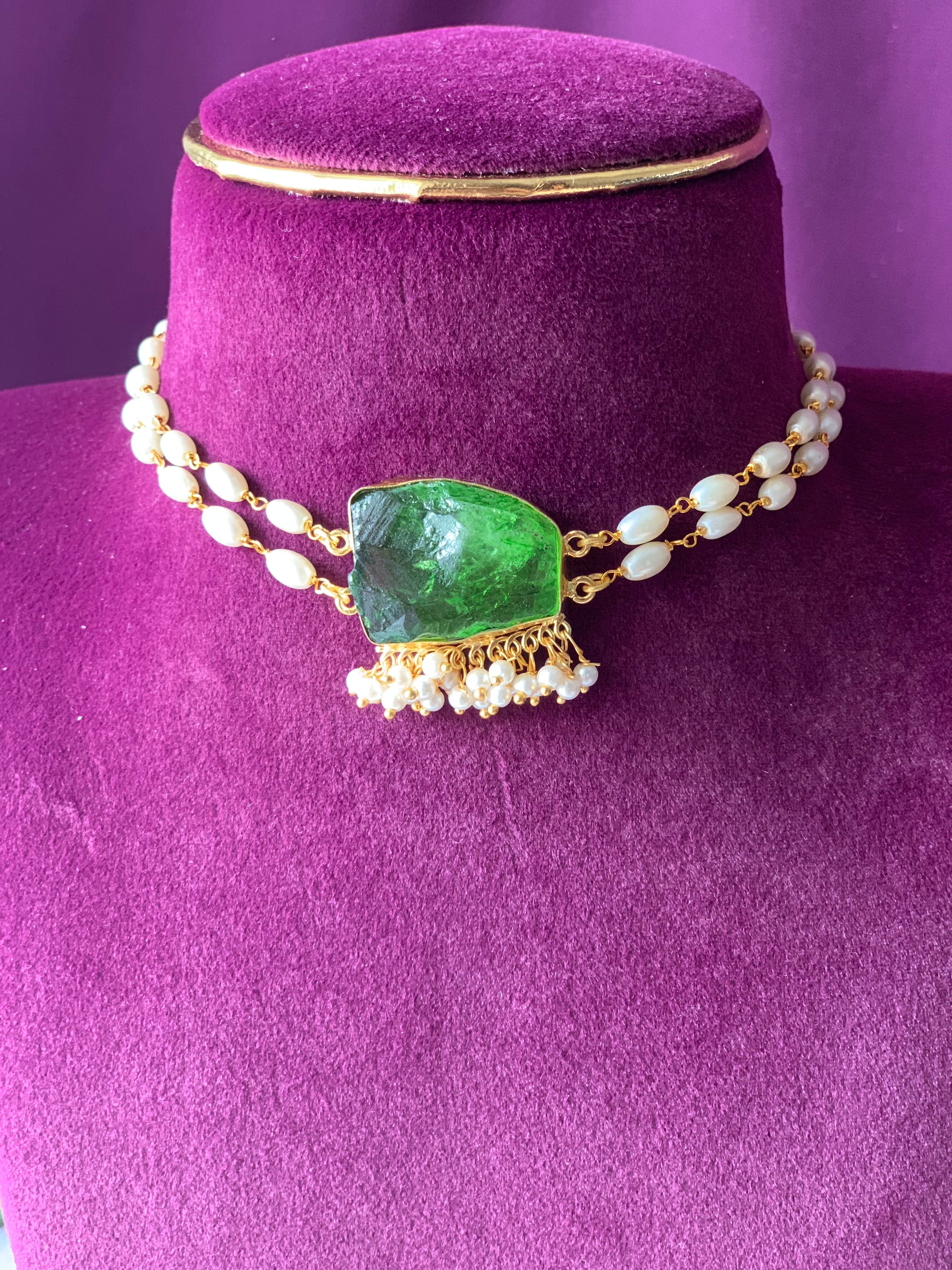 SRIVIDYA - TWO LAYER RICE PEARL DYED STONE CHOKER