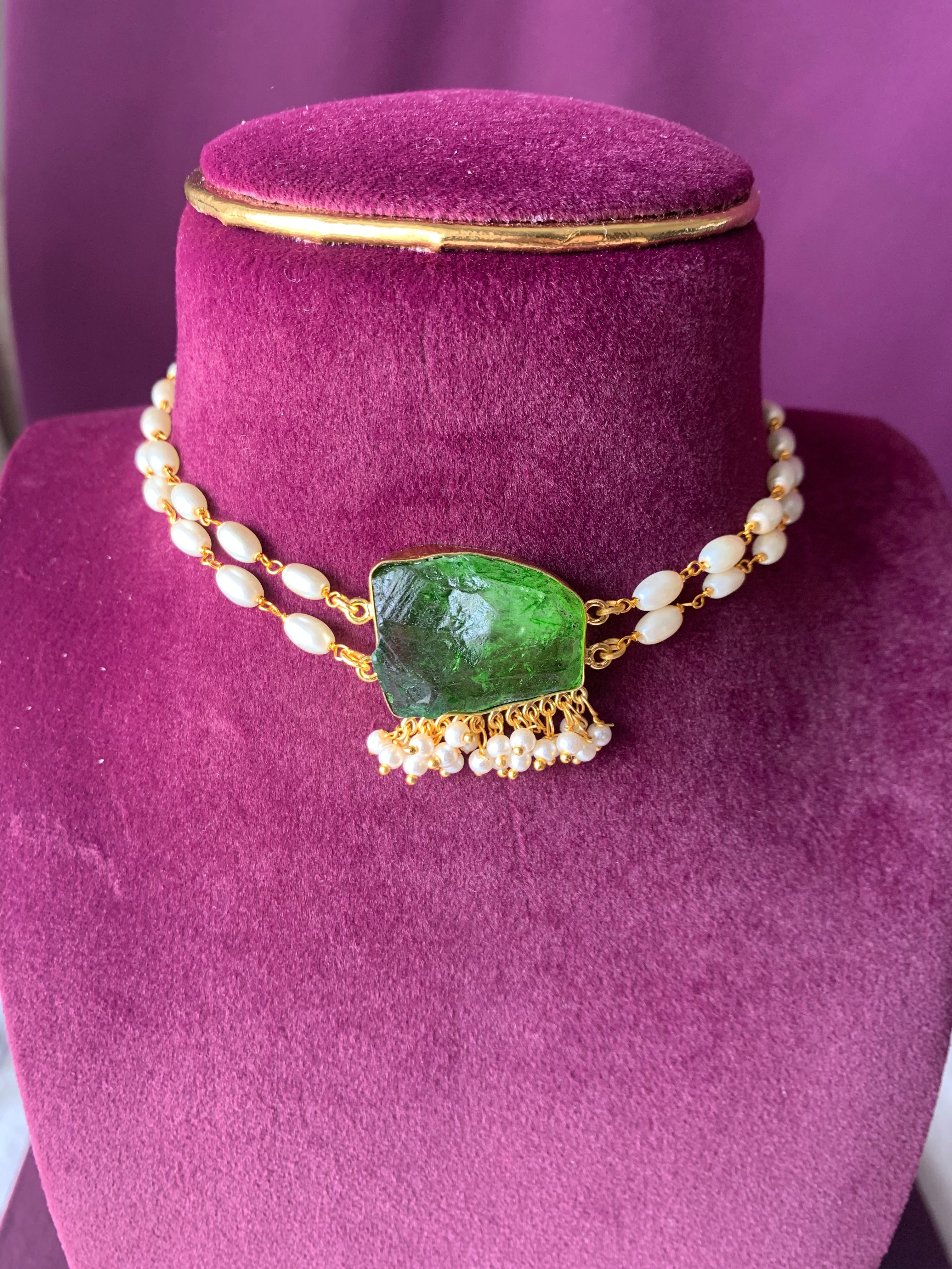 SRIVIDYA - TWO LAYER RICE PEARL DYED STONE CHOKER