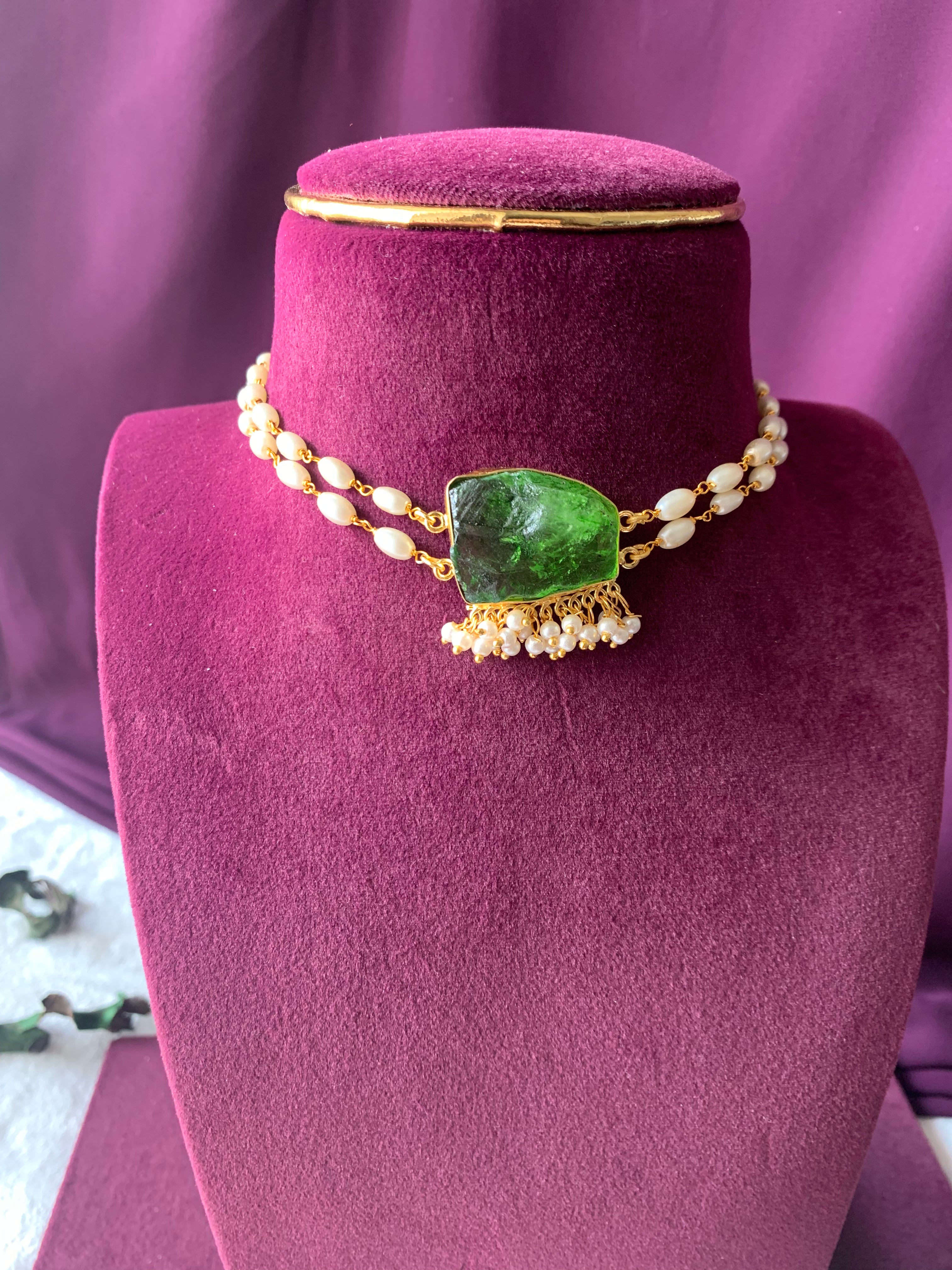 SRIVIDYA - TWO LAYER RICE PEARL DYED STONE CHOKER