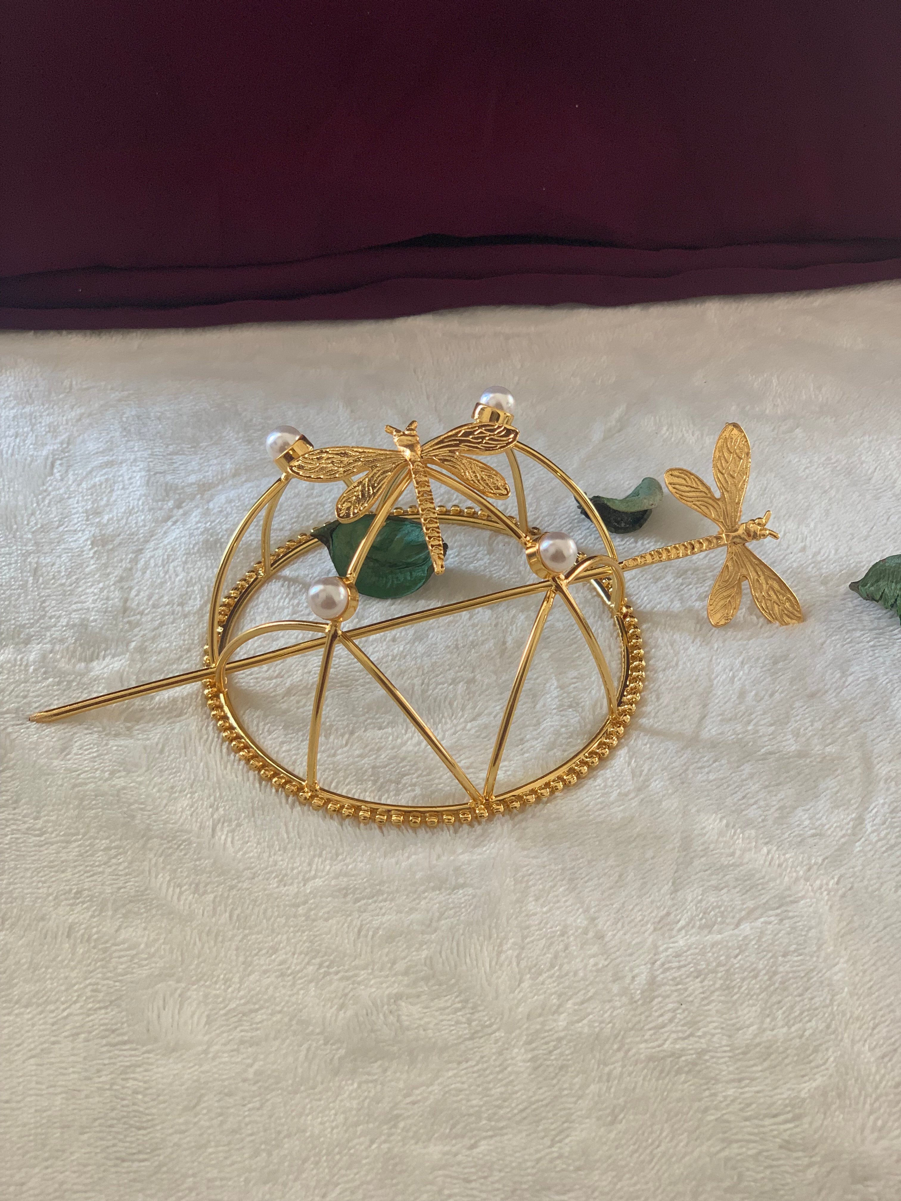 CLARA- GOLDEN DRAGONFLY QUAD STONE HAIR BUN
