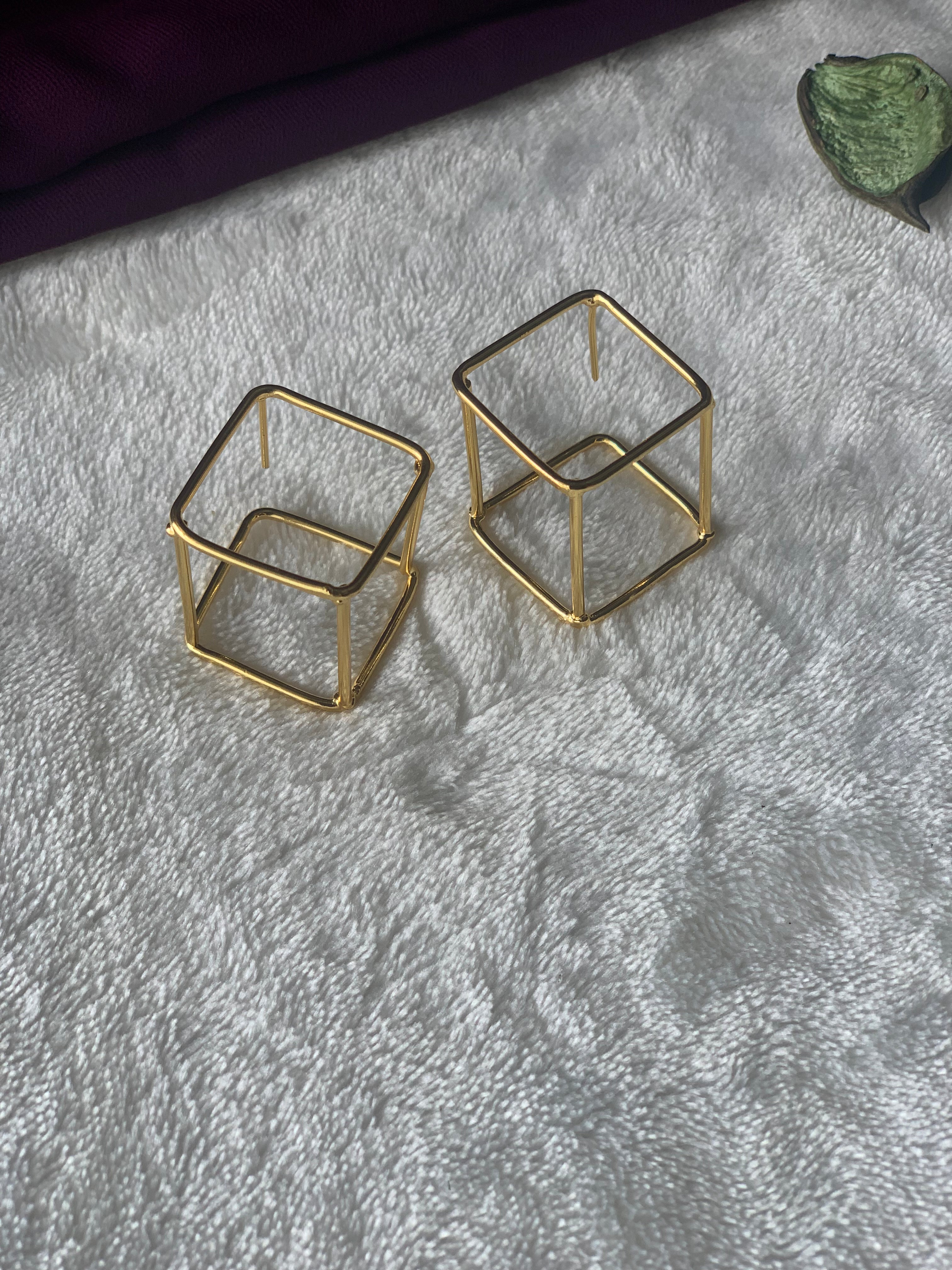CUBIX - GOLDEN CUBE SHAPE CONTEMPORARY STUD EARRINGS