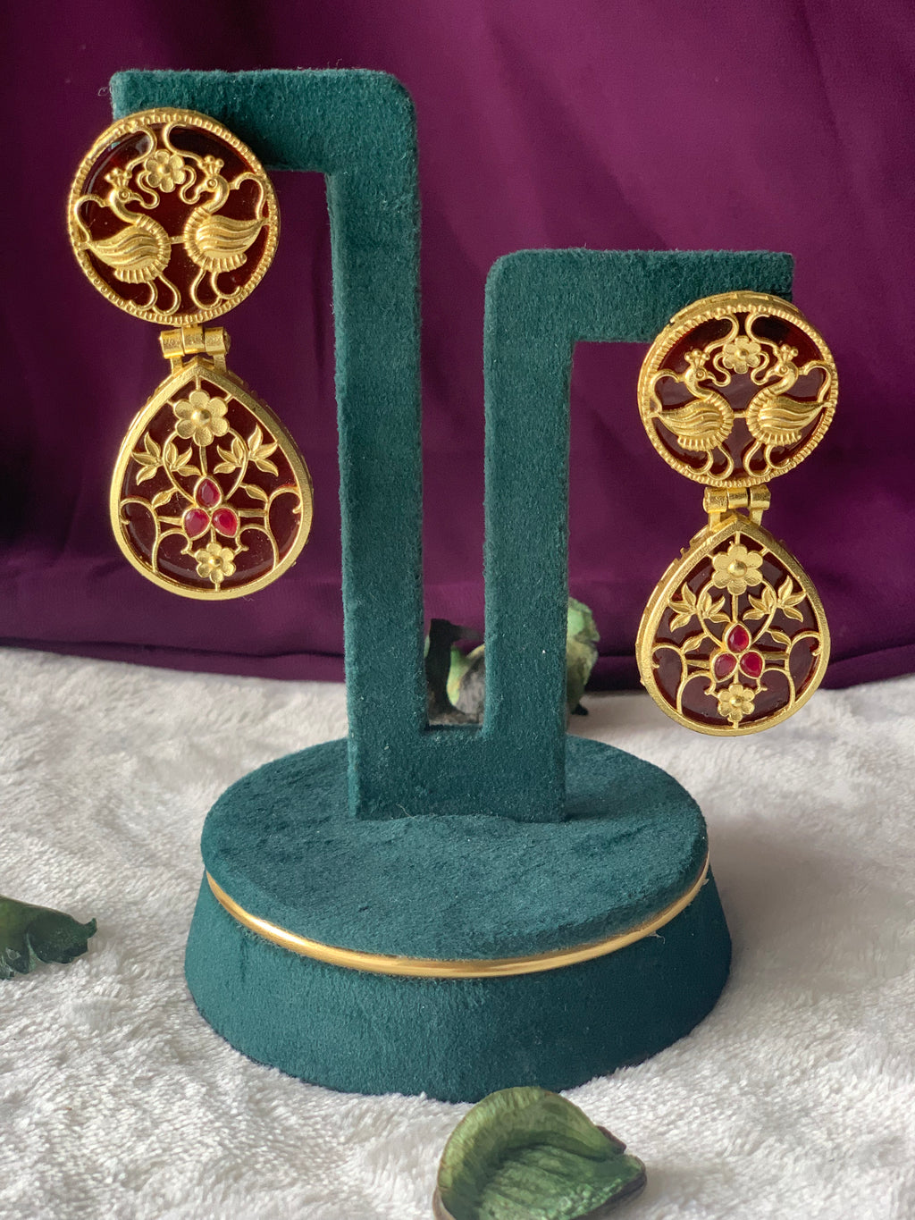 LEELA - PEACOCK AND FLOWER EMBOSED STONE EARRINGS