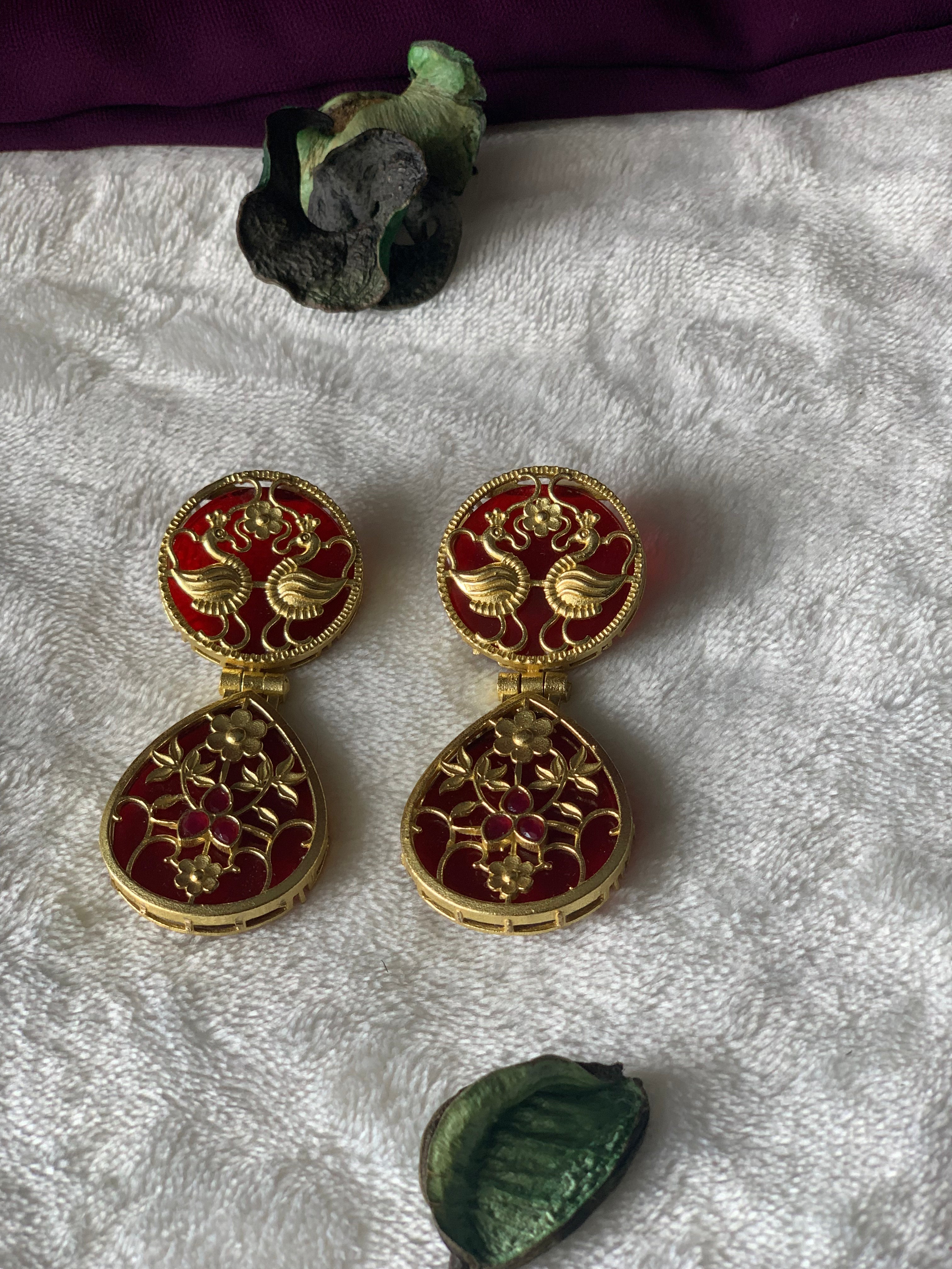 LEELA - PEACOCK AND FLOWER EMBOSED STONE EARRINGS