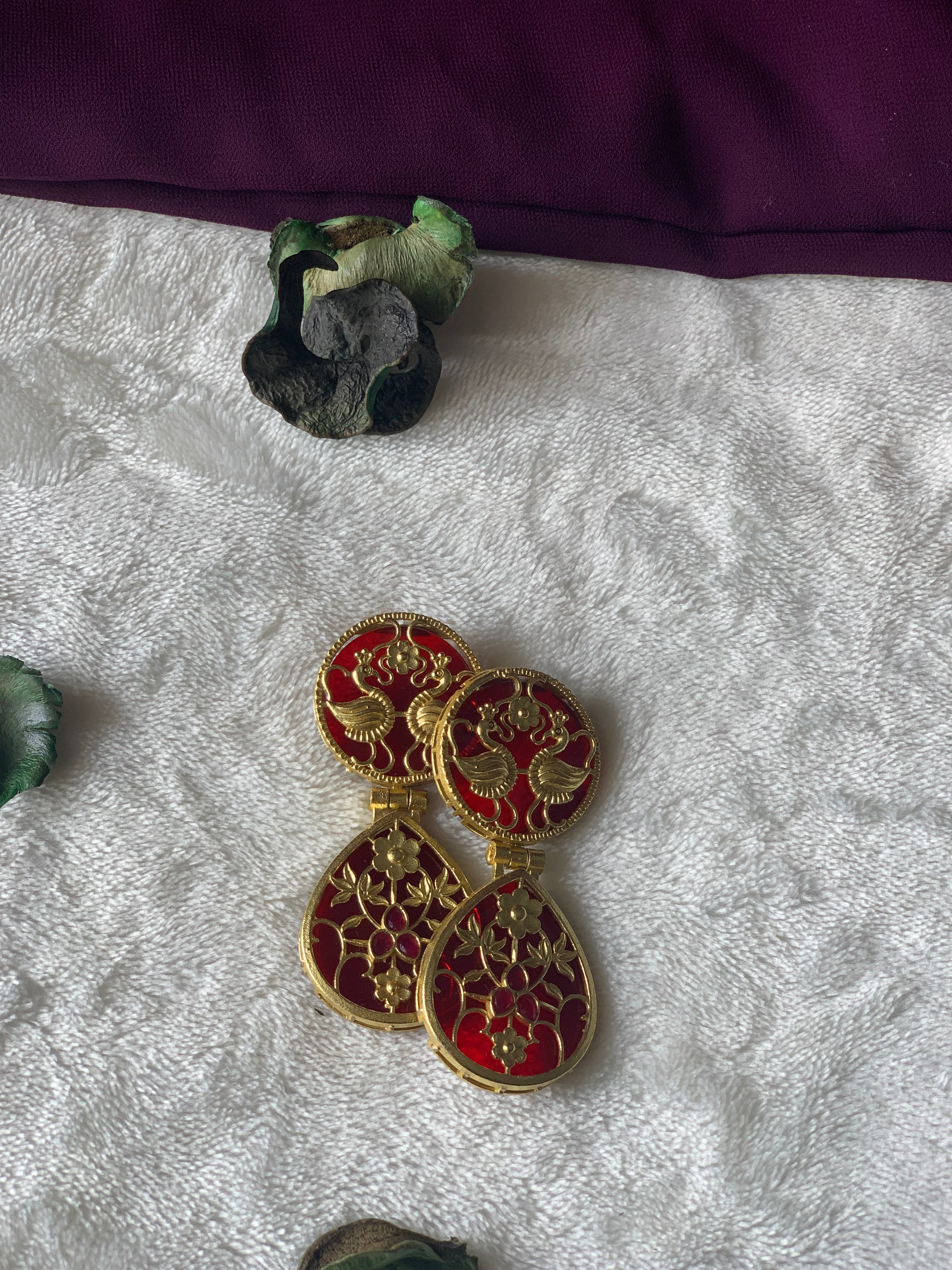 LEELA - PEACOCK AND FLOWER EMBOSED STONE EARRINGS