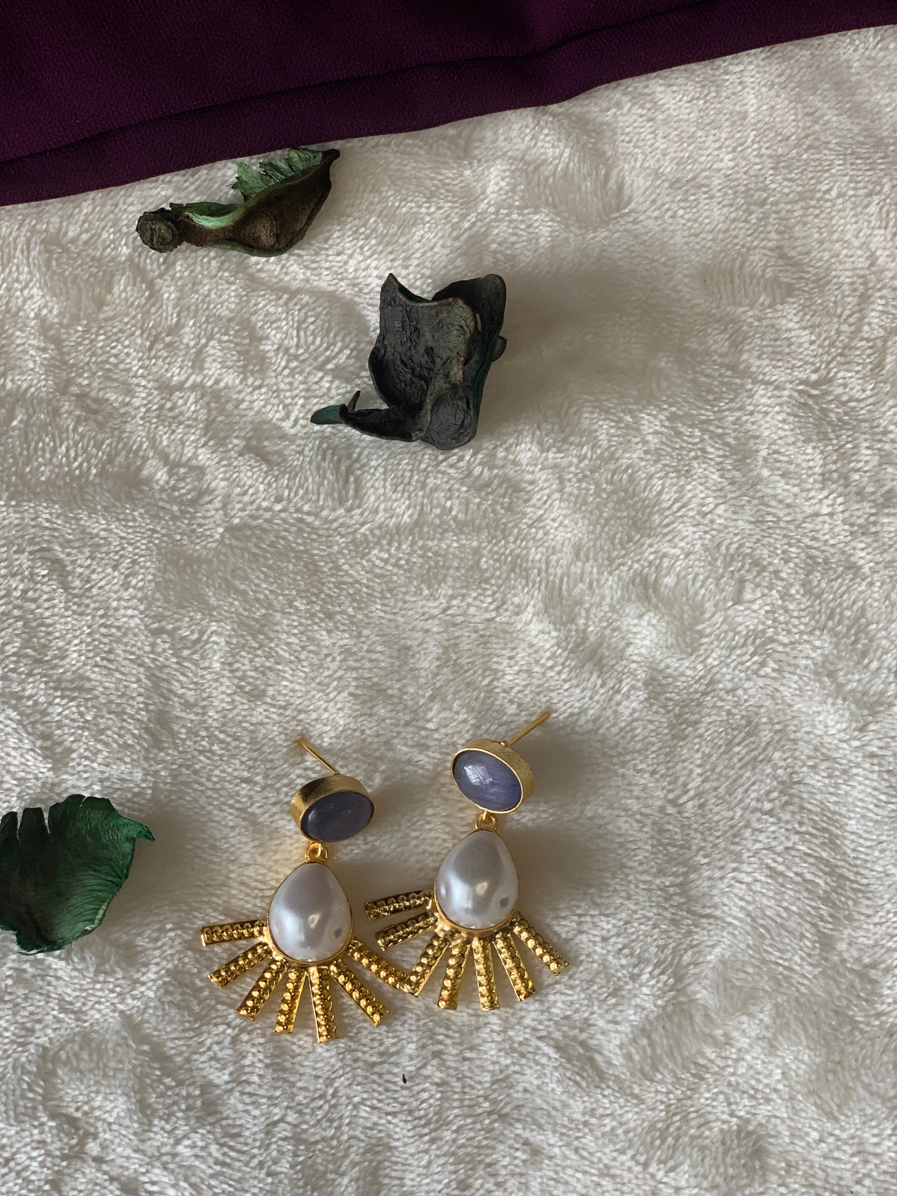 DHANYA - PEARL AND STONE RAY DROP EARRINGS