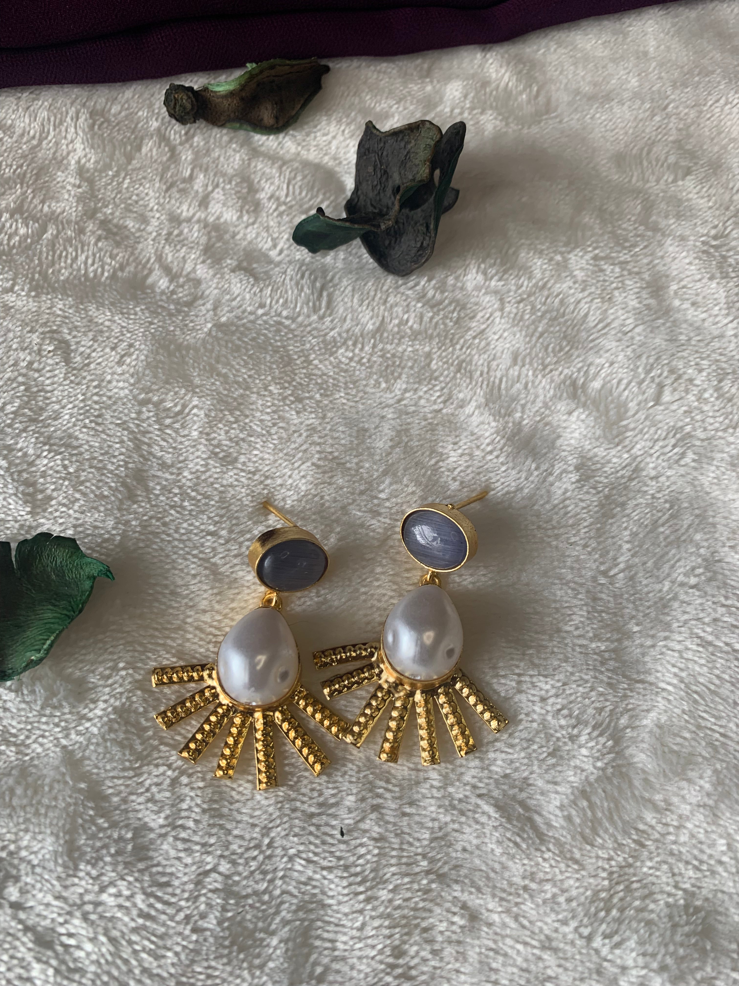 DHANYA - PEARL AND STONE RAY DROP EARRINGS
