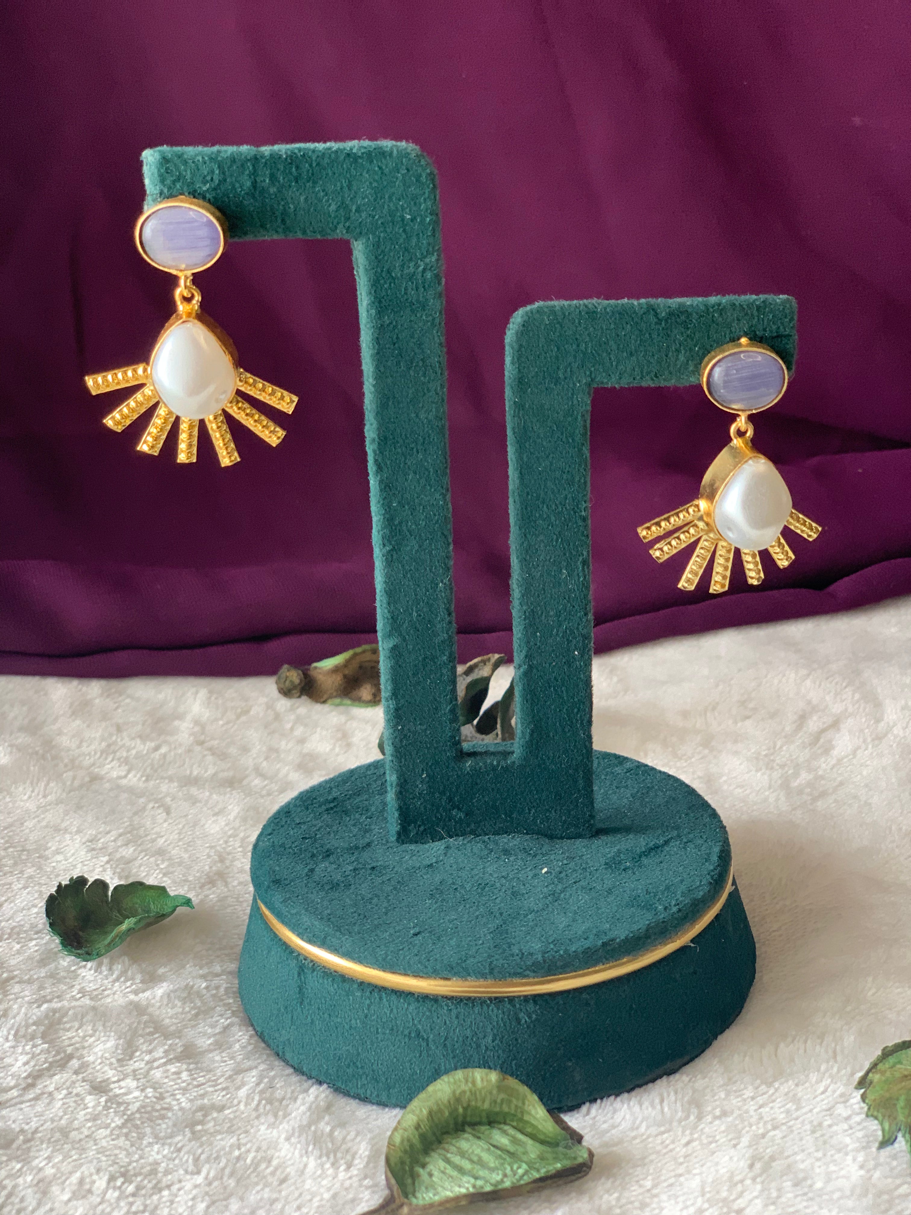 DHANYA - PEARL AND STONE RAY DROP EARRINGS