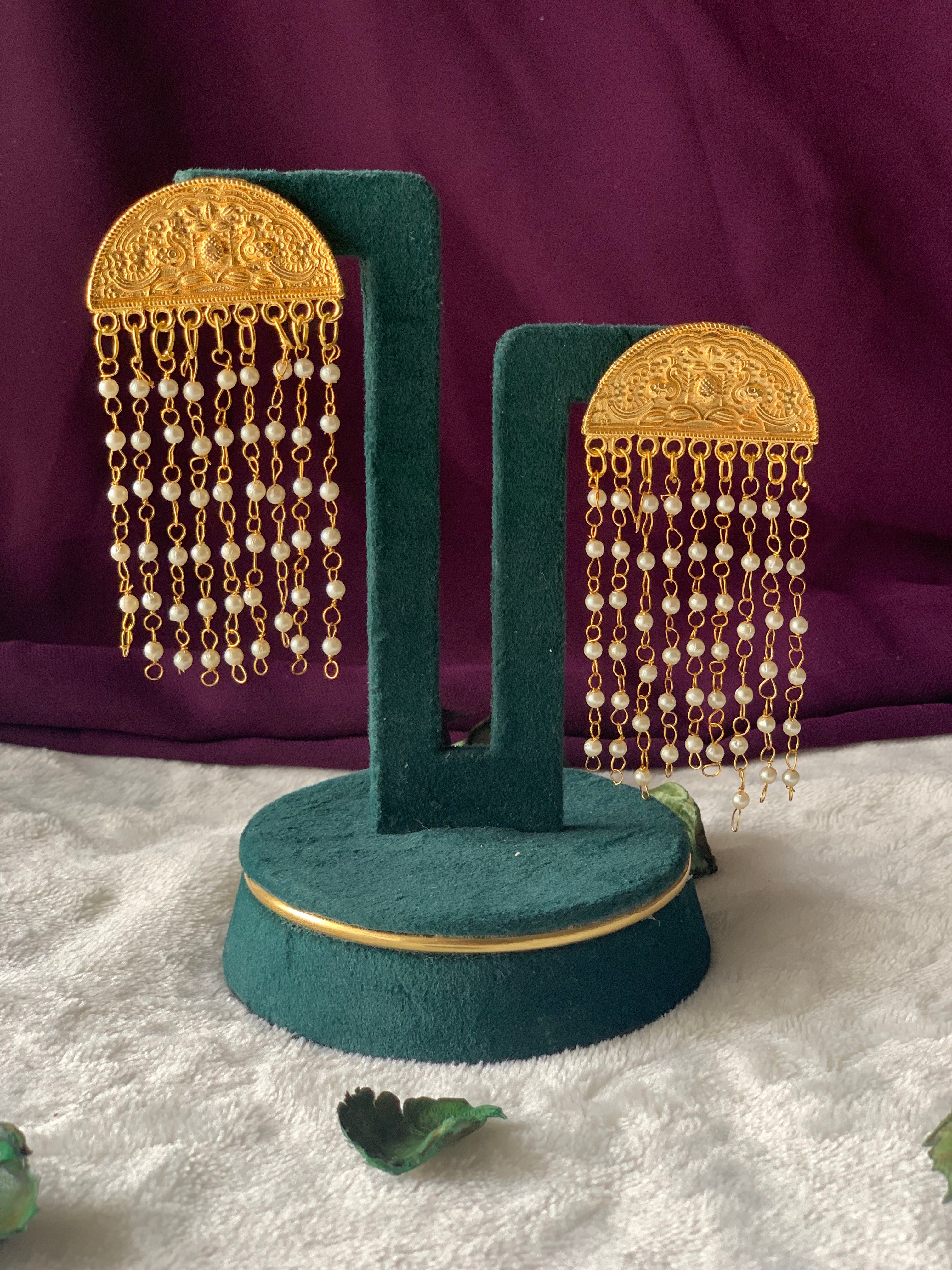GUNJAN - PEARL STRINGS SEMICIRCLE TASSEL EARRINGS