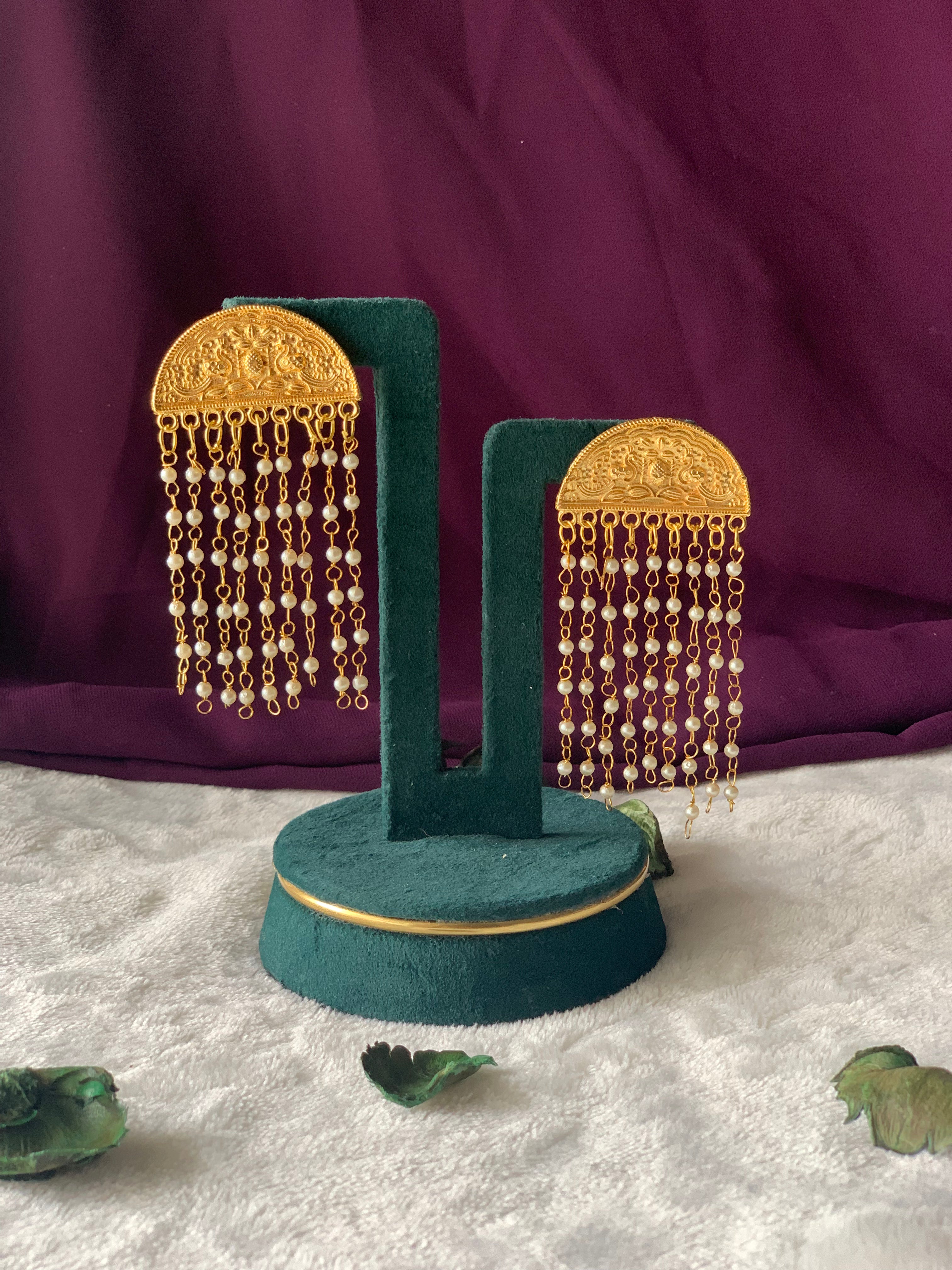 GUNJAN - PEARL STRINGS SEMICIRCLE TASSEL EARRINGS