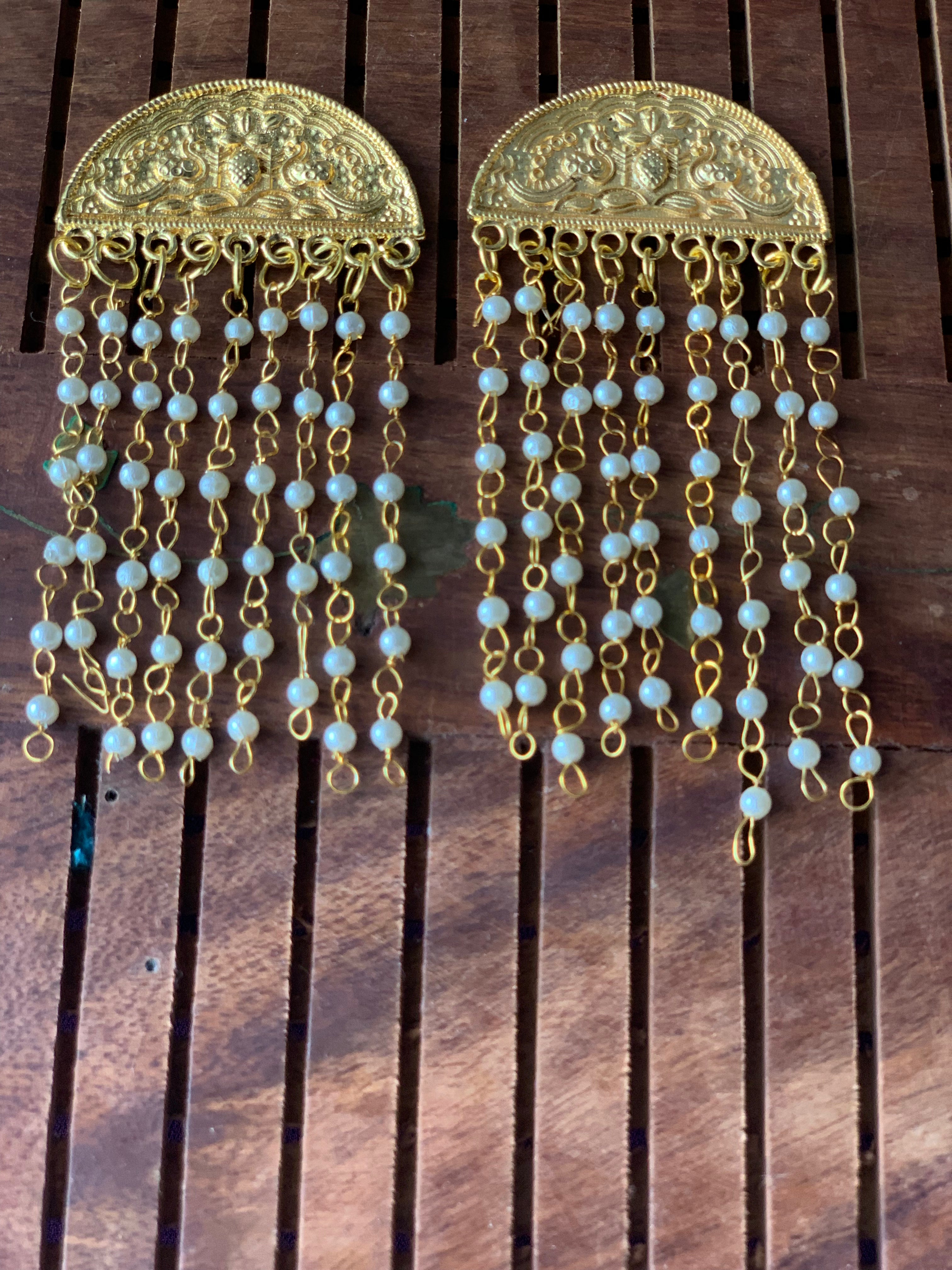 GUNJAN - PEARL STRINGS SEMICIRCLE TASSEL EARRINGS