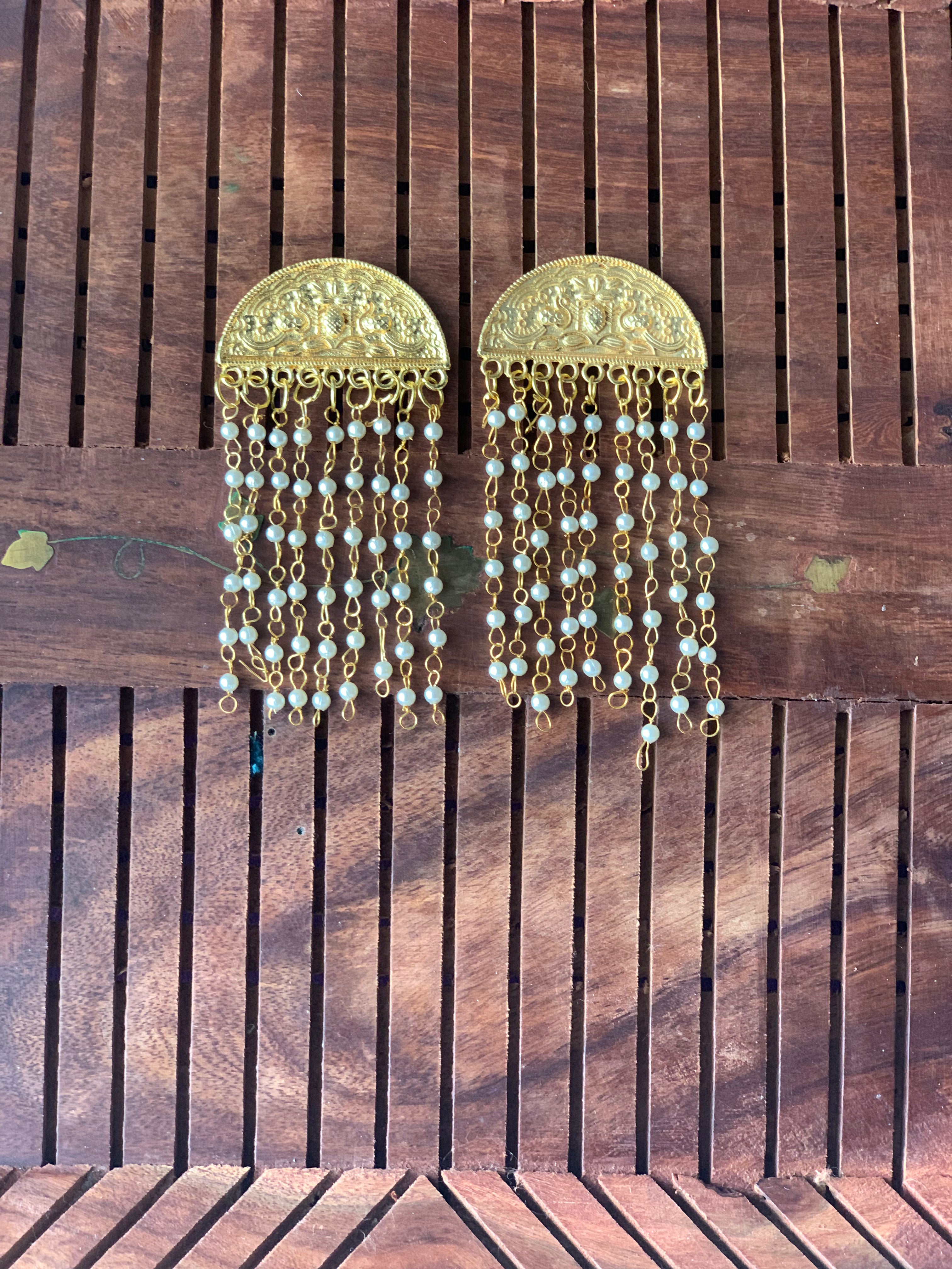 GUNJAN - PEARL STRINGS SEMICIRCLE TASSEL EARRINGS
