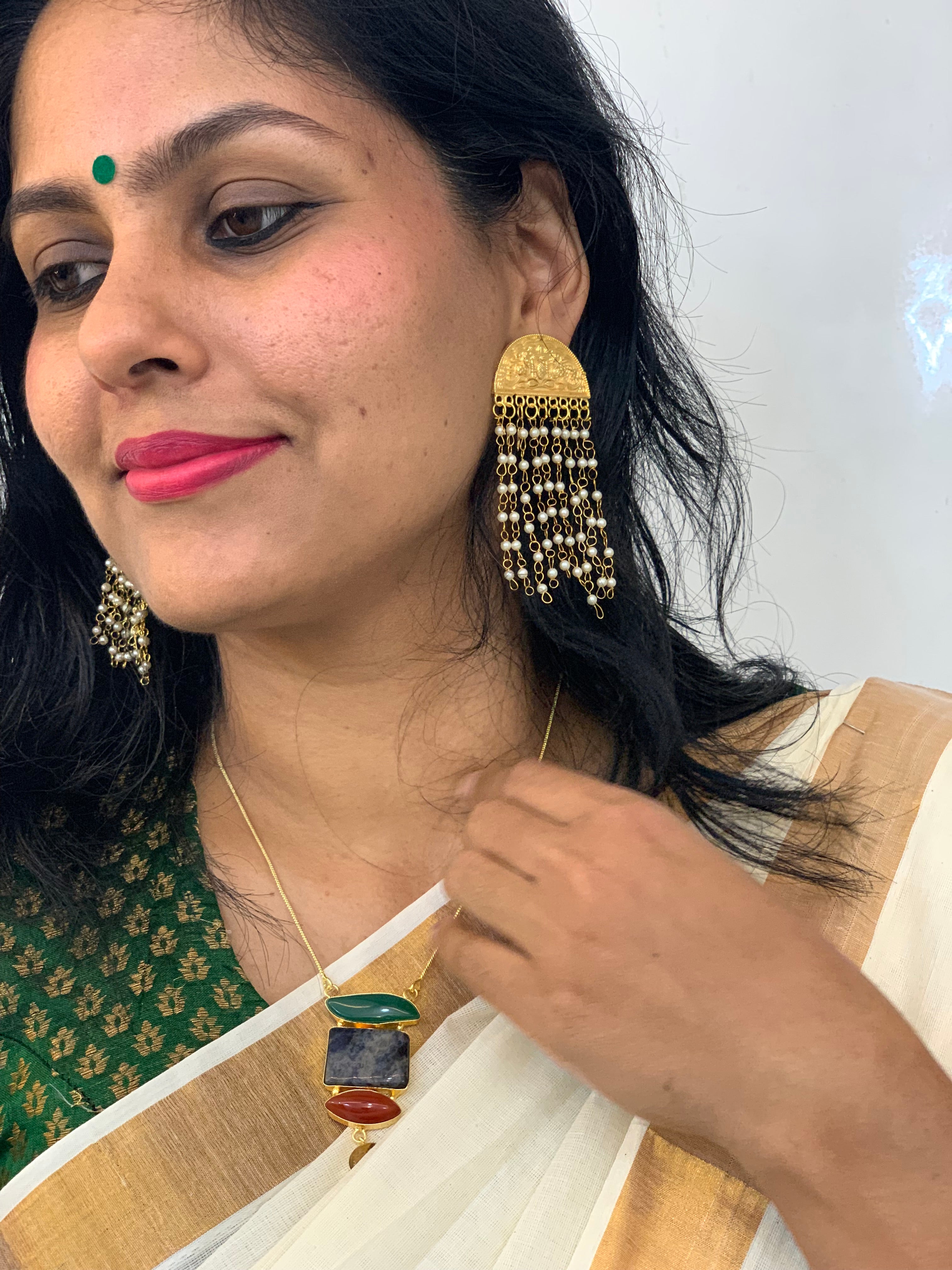 GUNJAN - PEARL STRINGS SEMICIRCLE TASSEL EARRINGS