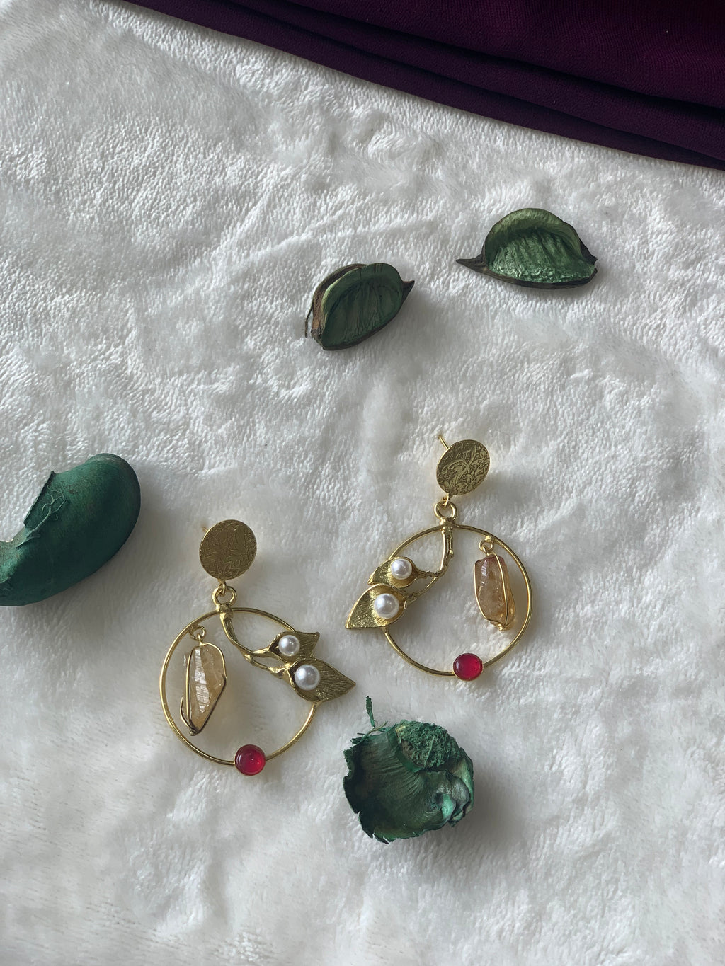 PRIYA - GOLDEN PEARL FLOWER BUDS WITH RAW STONE CHANDBALI EARRINGS