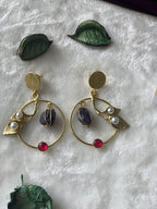 PRIYA - GOLDEN PEARL FLOWER BUDS WITH RAW STONE CHANDBALI EARRINGS