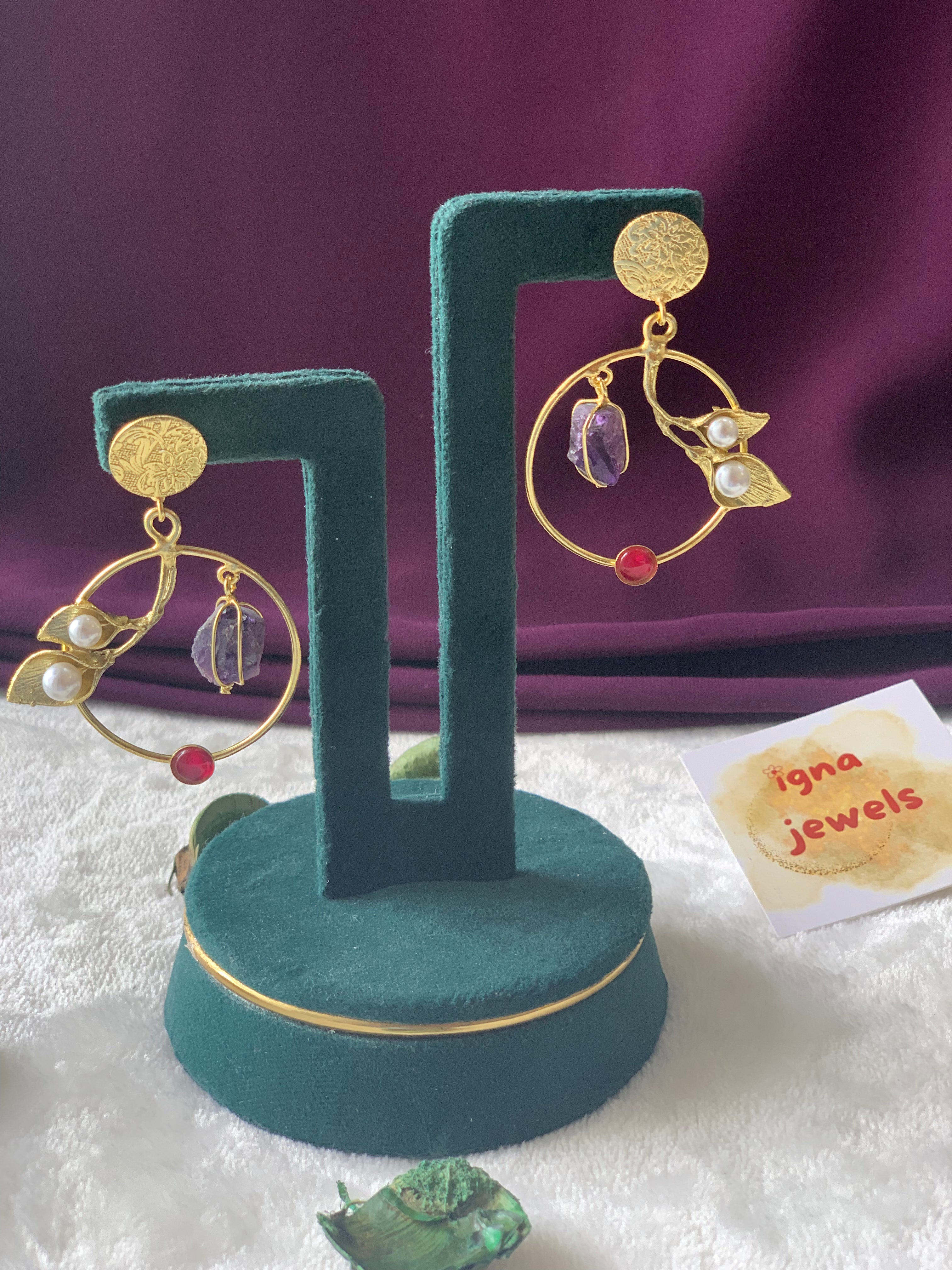 PRIYA - GOLDEN PEARL FLOWER BUDS WITH RAW STONE CHANDBALI EARRINGS