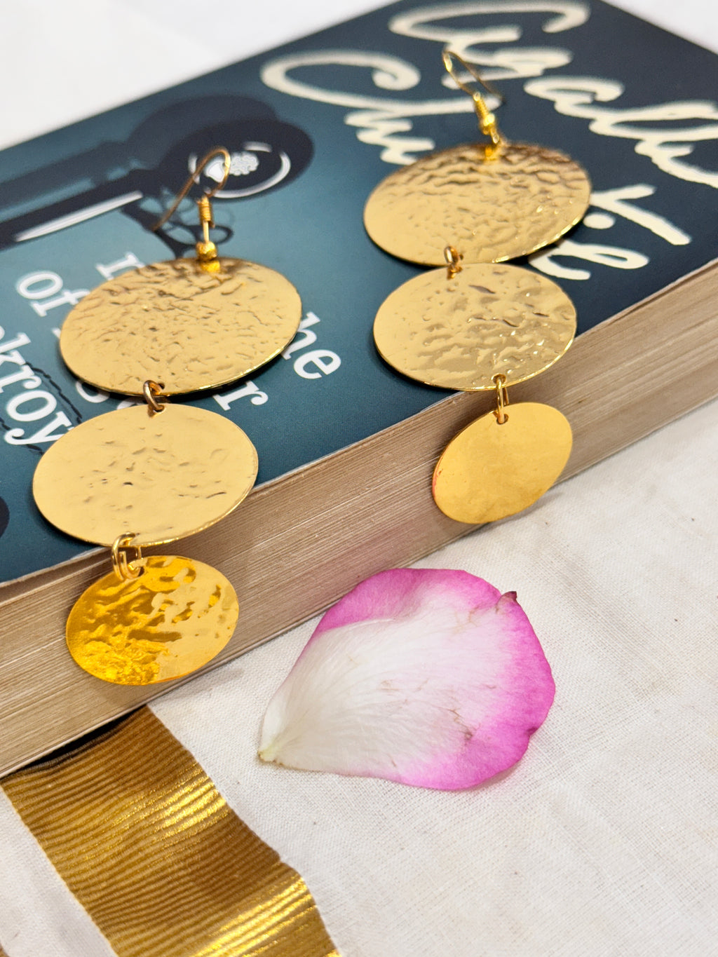 TRIOCOIN - THREE TEXTURED COINS DESCENDING DANGLER EARRINGS