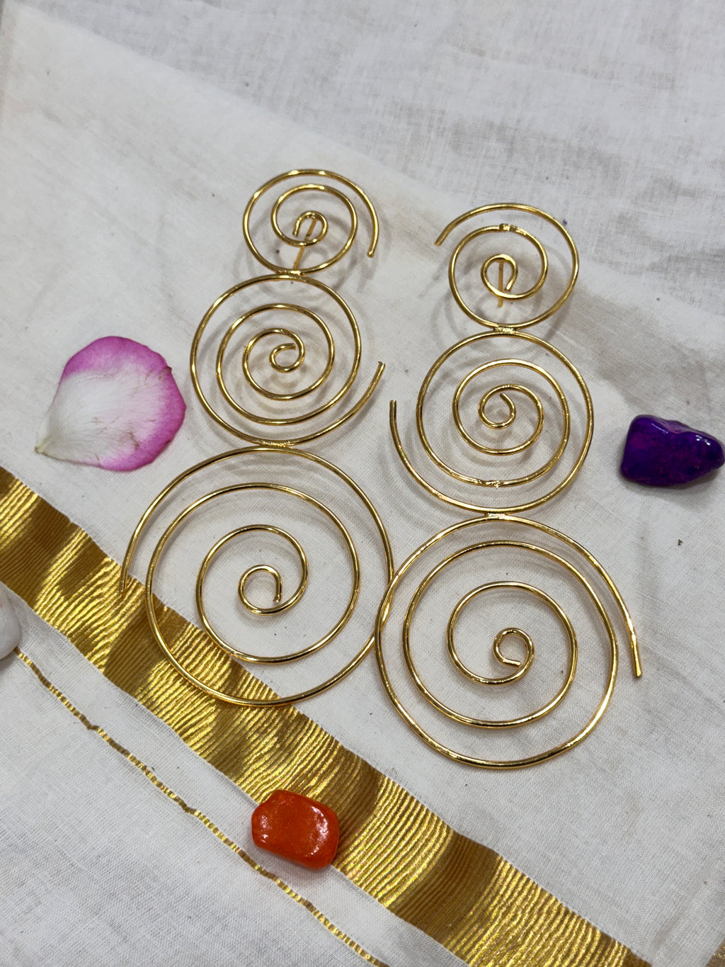 SPIRALIA - ULTRA LONG GOLDEN THREE IN ONE SPIRAL STUD EARRINGS