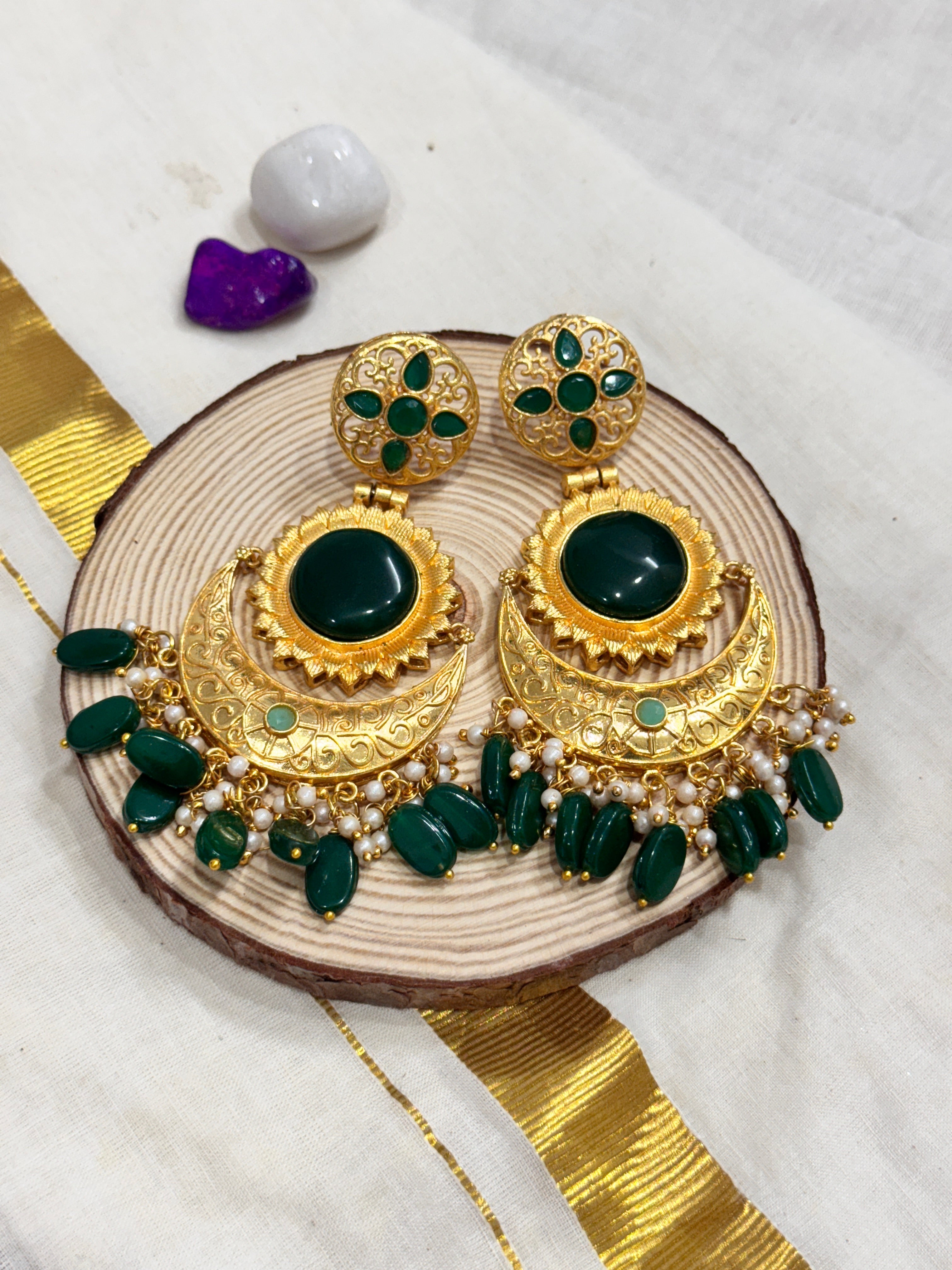 GREENIA - GREEN GOLDEN REPLICA PEARLS AND BEADS CHANDBALI EARRINGS