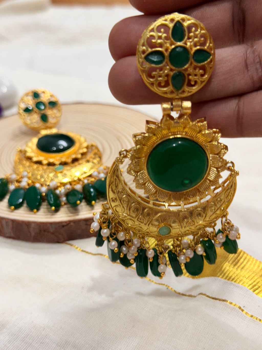 GREENIA - GREEN GOLDEN REPLICA PEARLS AND BEADS CHANDBALI EARRINGS