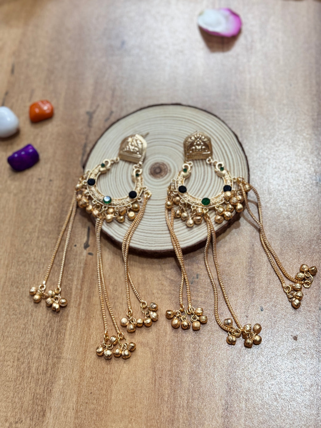 GUNGROO -  BLACK AND GREEN STONE GUNGROO KASHMIRI STYLE EARRINGS