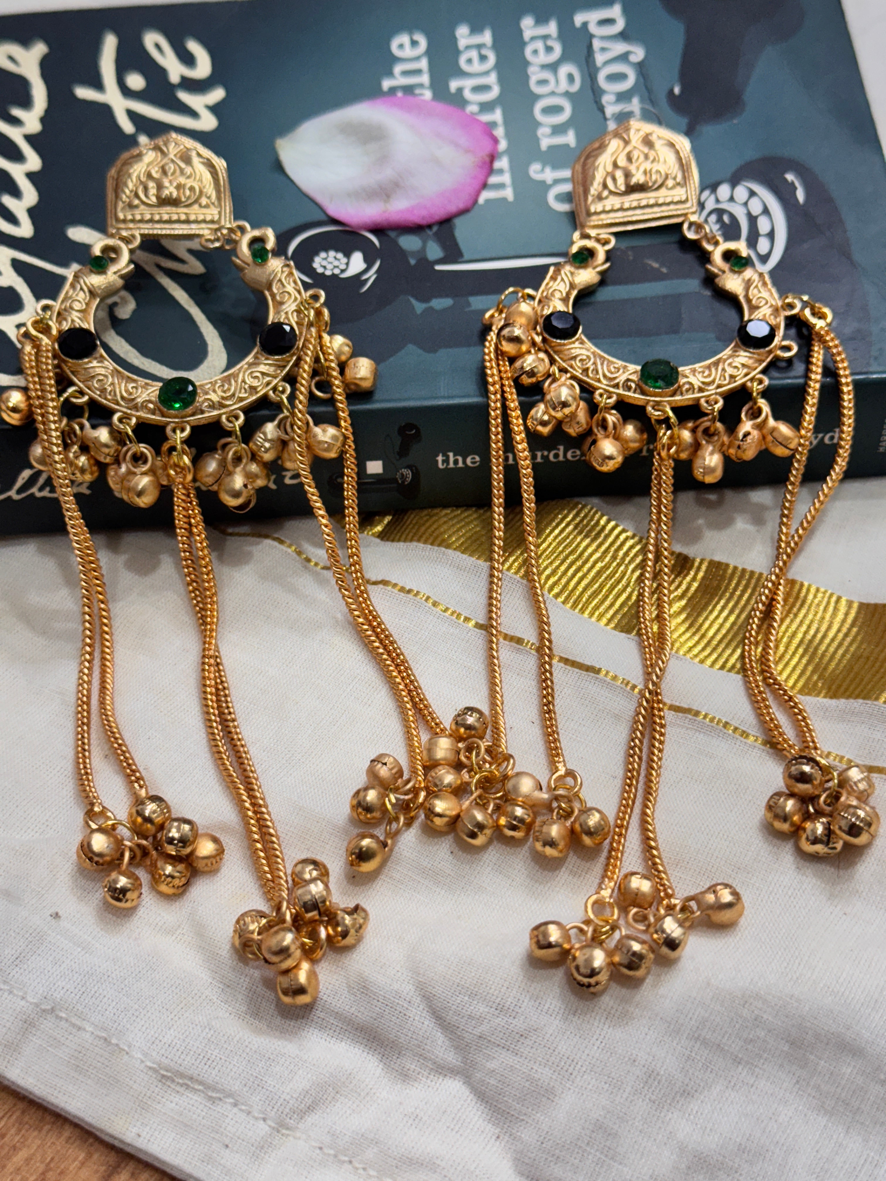 GUNGROO -  BLACK AND GREEN STONE GUNGROO KASHMIRI STYLE EARRINGS